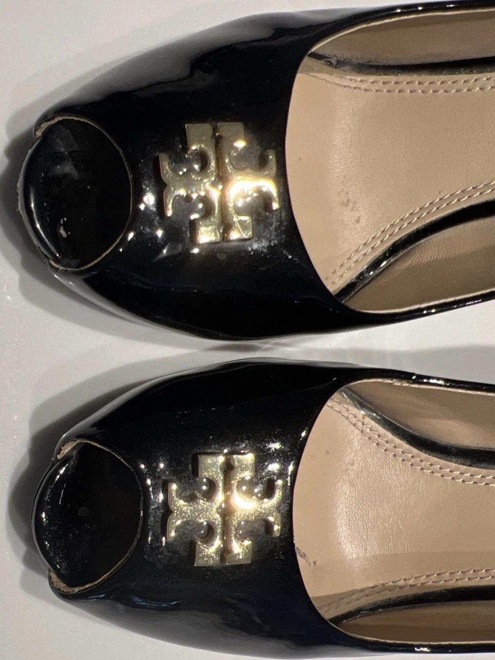 Tory Burch Black Patent Leather Peep-Toe Wedge with Gold Logo - Picture 10 of 15